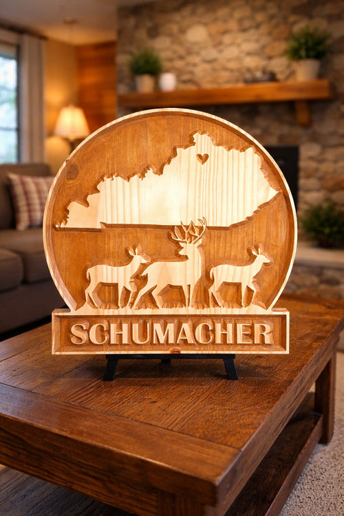 Personalized Deer Family Name Wood Sign – Custom Engraved Rustic Home Decor