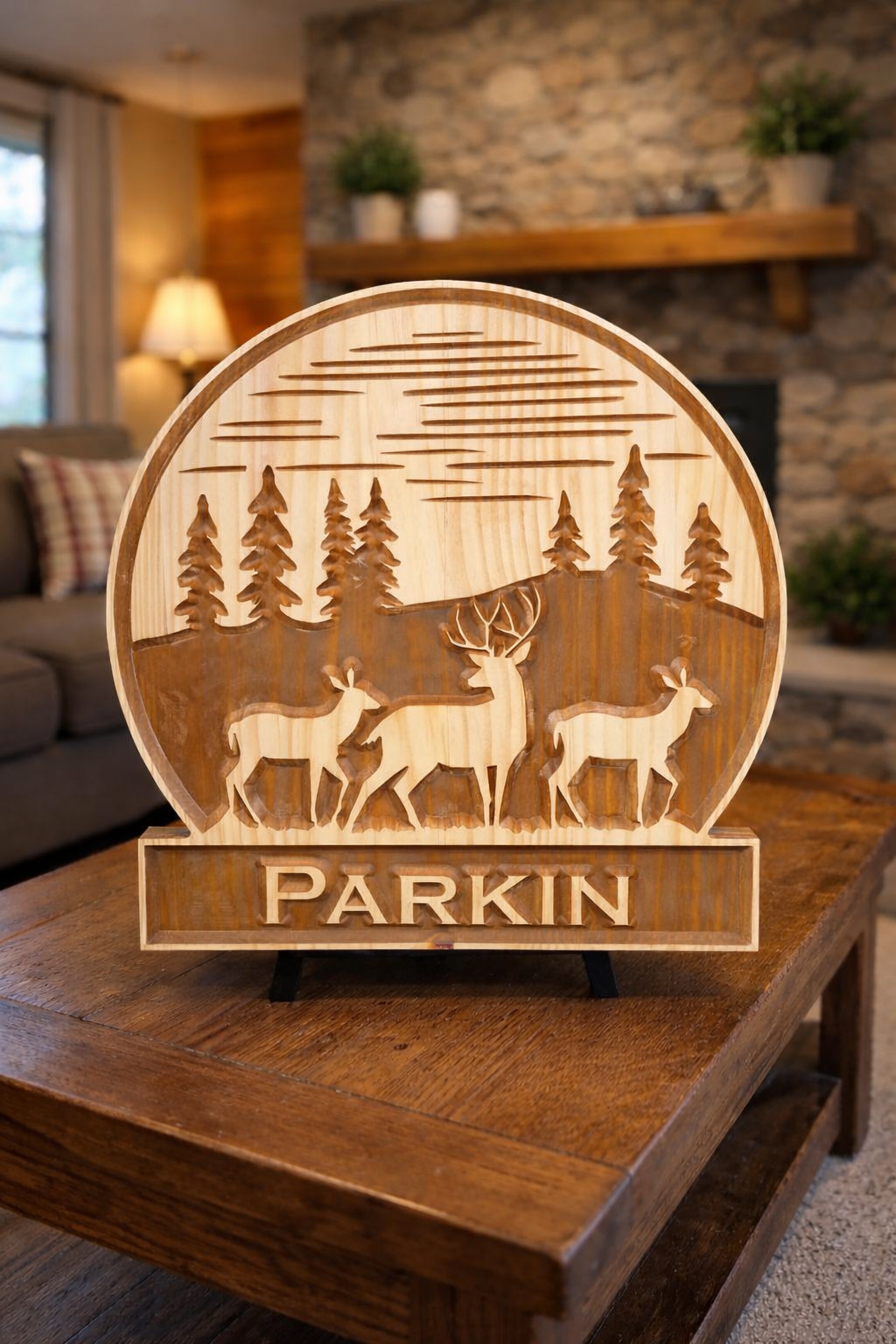 Personalized Deer Family Name Wood Sign – Custom Engraved Rustic Home Decor